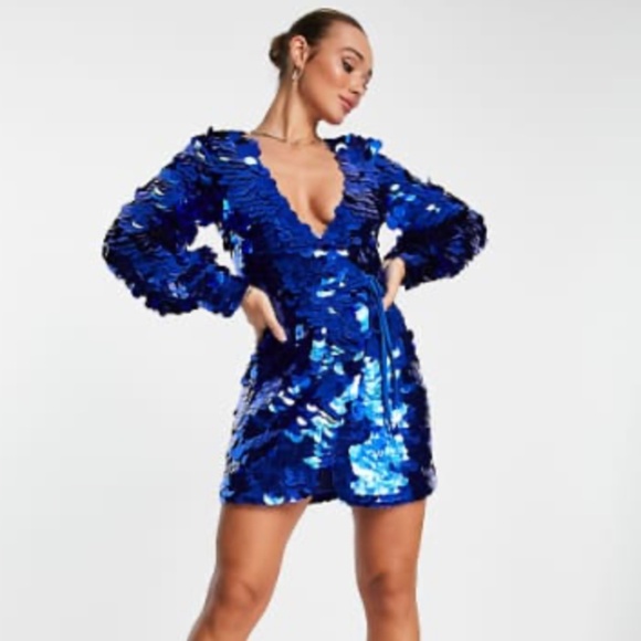 ASOS size 6 Royal Blue Disc Paillette Sequin Wrap Mini Dress - Picture 1 of 5